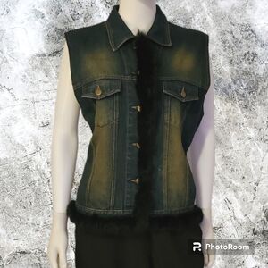 VTG MIXIT 1990s Stonewash Denim Rabbit Fur Button Down Waistcoat Vest